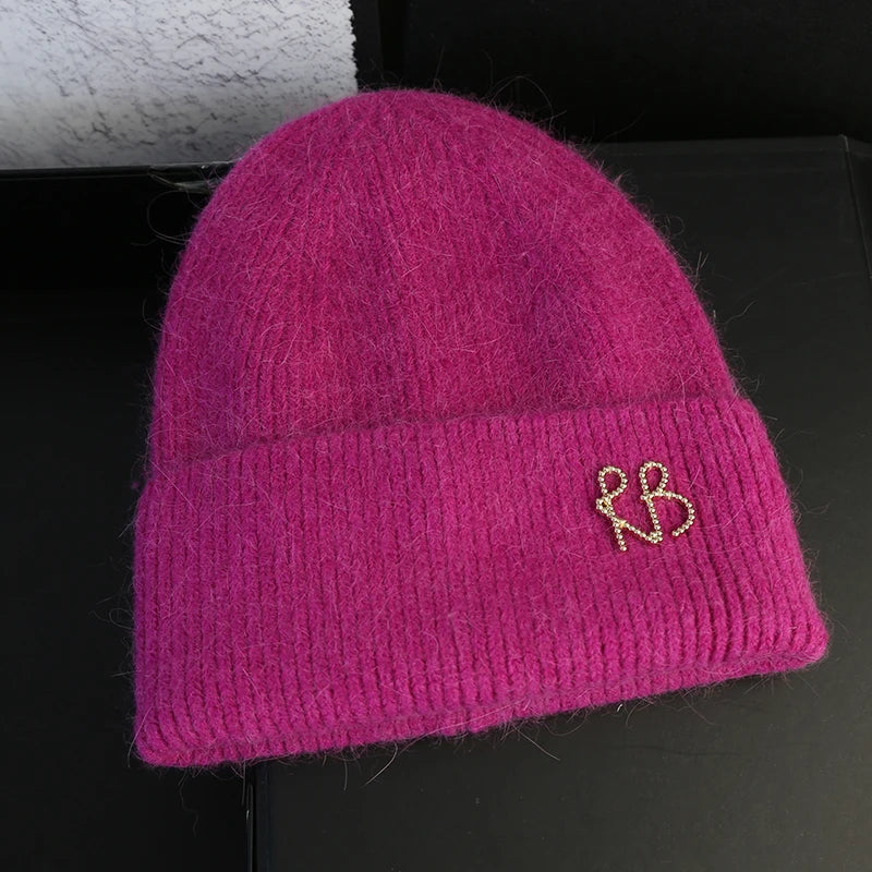 Letter Fluffy Angora Fur Beanies Winter Hat for Woman Luxury Fluffy Knited Hat Bonnet Lady Autumn Winter Warm Skullies Cap