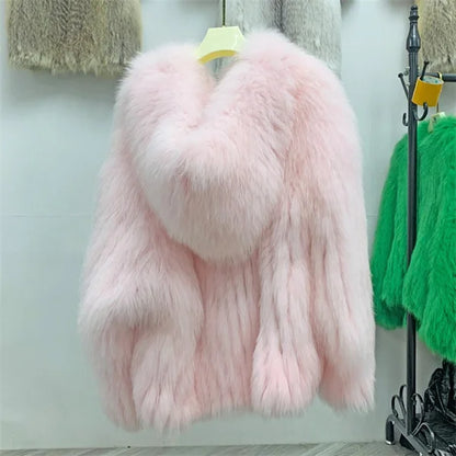 Fox Fur Coat Women's Winter Fashion Warm 100% Fox Fur Coat Hooded Long Sleeved Sweet Women's Luxury Designer Coat