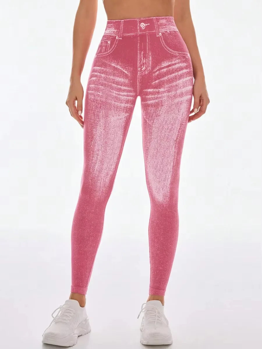 Women V Back Gym Leggings Faux Denim Jeans  Athletic Workout Leggins Elastic Seamless Training Yoga Pants Sports Fitness Tights