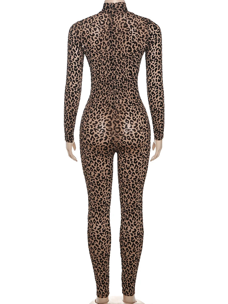 Nibber See Through Sexy Leopard Mesh Jumpsuit Women Sexy Hipster Zip Stretch Midnight Workout Autumn Fitness Street Overalls