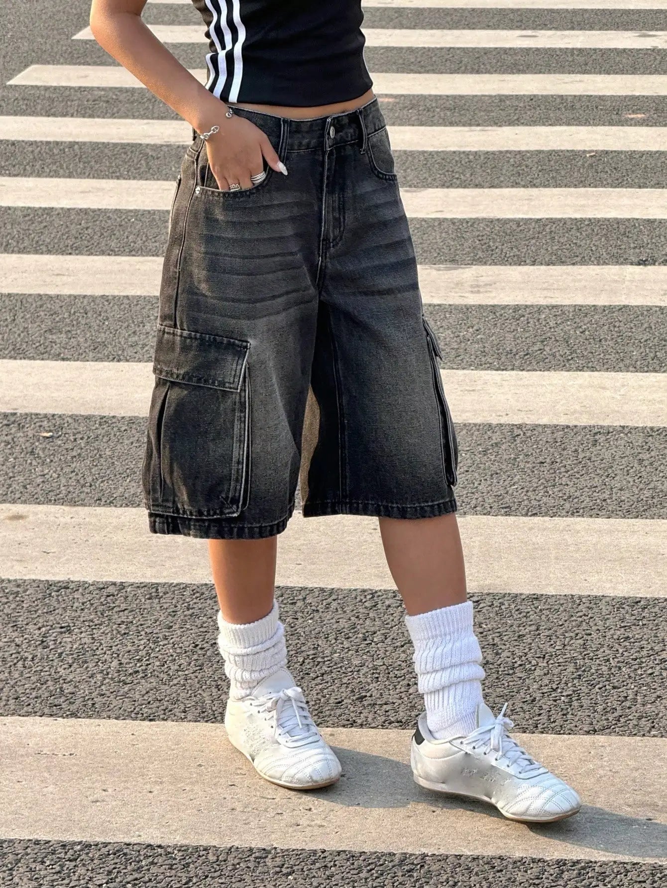 American retro workwear denim shorts women's summer new style loose side three-dimensional large pocket casual five quarter pant