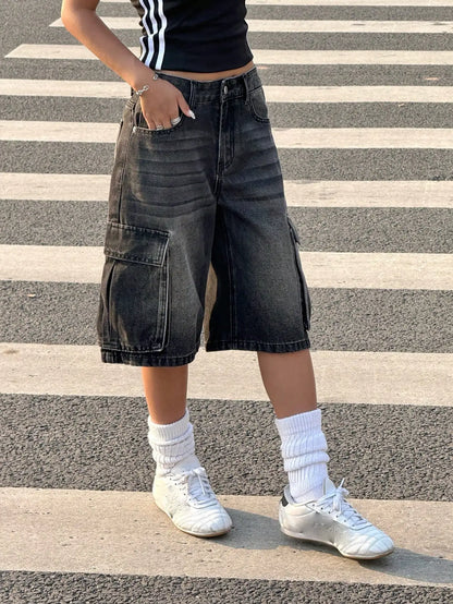 American retro workwear denim shorts women's summer new style loose side three-dimensional large pocket casual five quarter pant