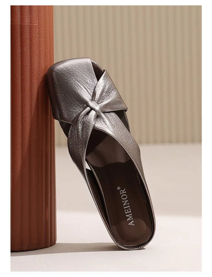 2025 Women Fashionable and Versatile Shoes Brand Slippers Casual and Comfortable Bowknot Casual Leather Slippers