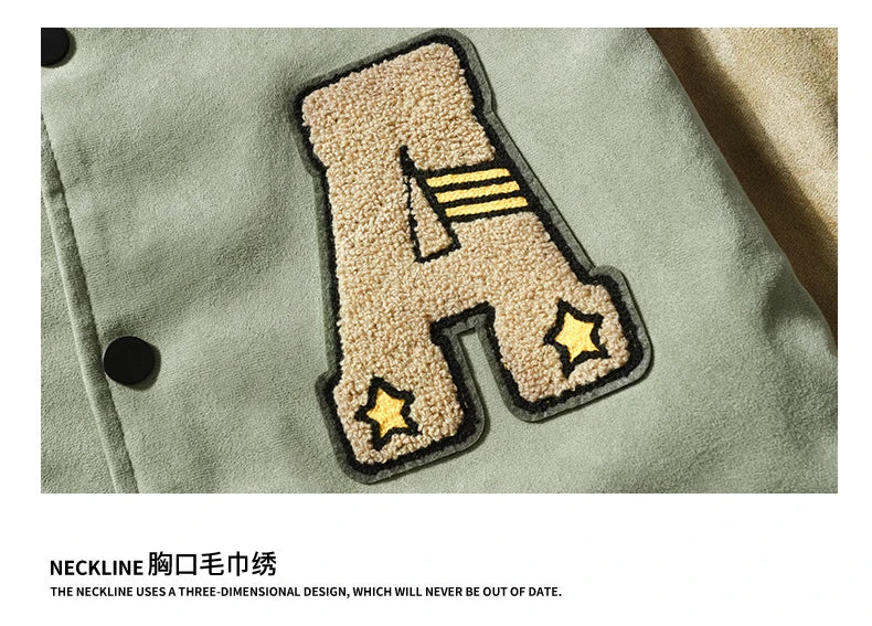 Hip Hop Men's Suede Embroidered Varsity Jacket Color Block Letter Graphic Long Sleeve Baseball Jacket Bomber Coat