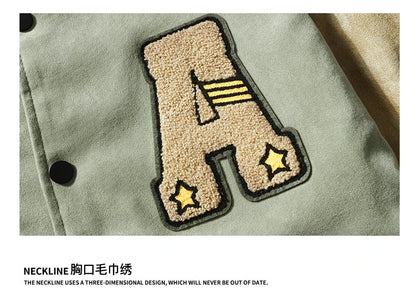 Hip Hop Men's Suede Embroidered Varsity Jacket Color Block Letter Graphic Long Sleeve Baseball Jacket Bomber Coat