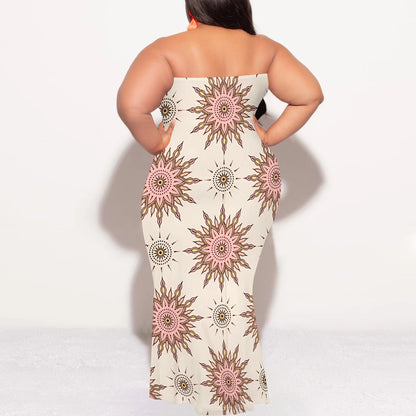 Plus Size Strapless Maxi Dress with Stylish Gold Geometric Design, Modern and Trendy