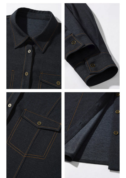 Casual Contrast Stitch Shirt Jacket Loose Long Sleeve Blouse for Women Stylish Collared Overshirt for Autumn Layered Slim Look