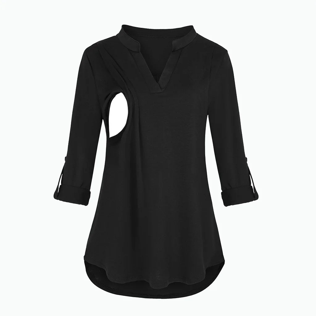Women's Maternity Breastfeeding T-shirt V-Neck Solid Color Long Sleeve Nursing Tops Clothes for Pregnant Women