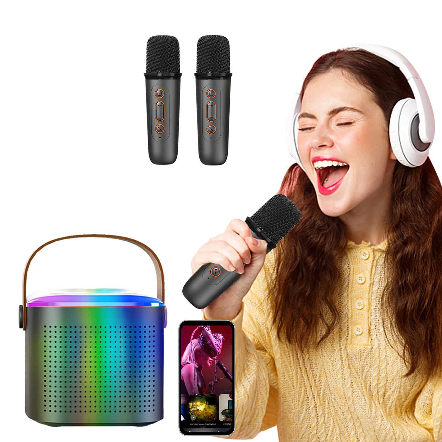 Wireless Karaoke Speaker, RGB Color Lighting, Two Microphones Rechargeable Battery, for Family Karaoke, Parties, Birthday Gifts