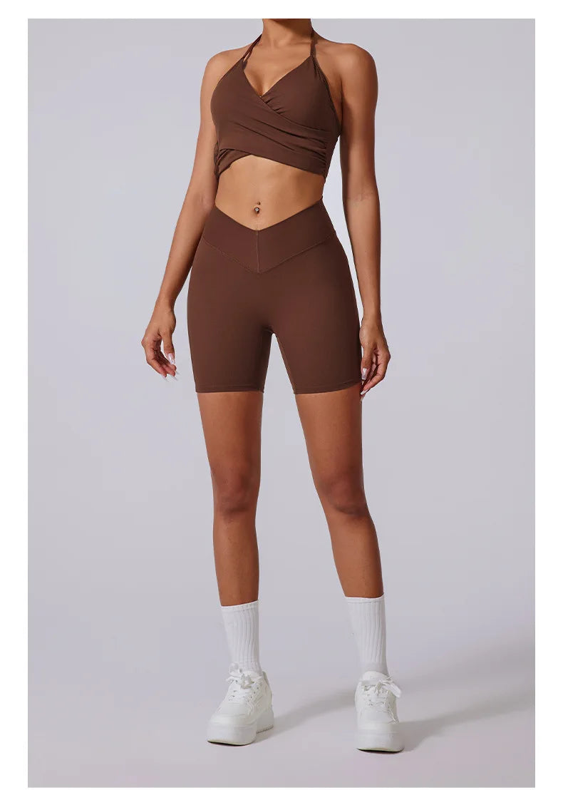 2 Pieces Wrap Front Gym Fitness Suit Women Long Sleeve Legging Workout Yoga Set Sports Bra Short Sports Clothes Tracksuit Female