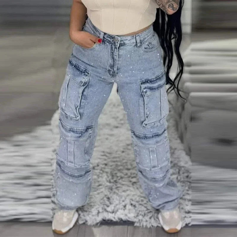 CPSYMYM Bright Drill Women's Work Jeans Chic Multiple Pockets High Waist Button Female Jean  Spring Summer Y2K Lady Streetwear