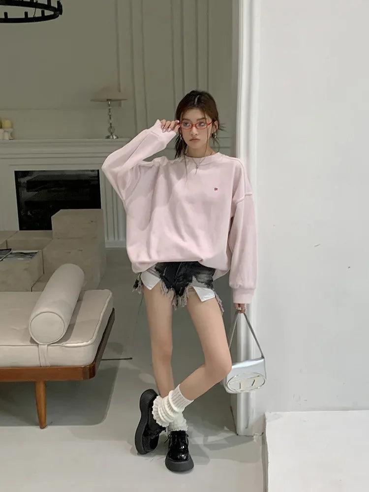 Light Pink Lettered Oversized Shoulder Sweatshirt Women's Full Sleeve round Neck Spring Autumn New Style Comfortable Casual Top