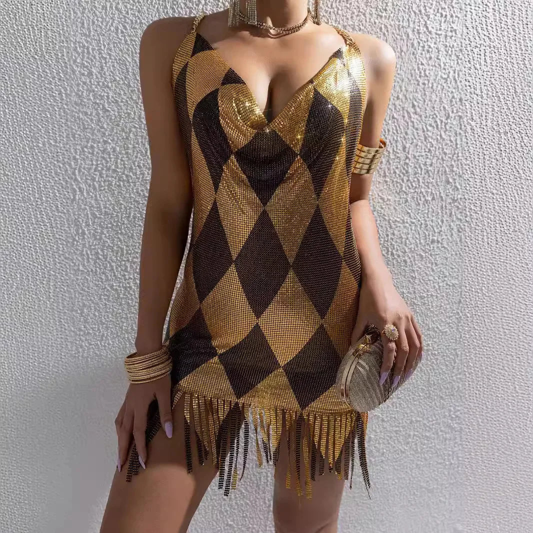 Sexy Backless Dresses For Woman Argyle Sequined Mini Dress Chain Strap Outwear V-Neck Sleeveless Summer Trendy Club Party Outfit