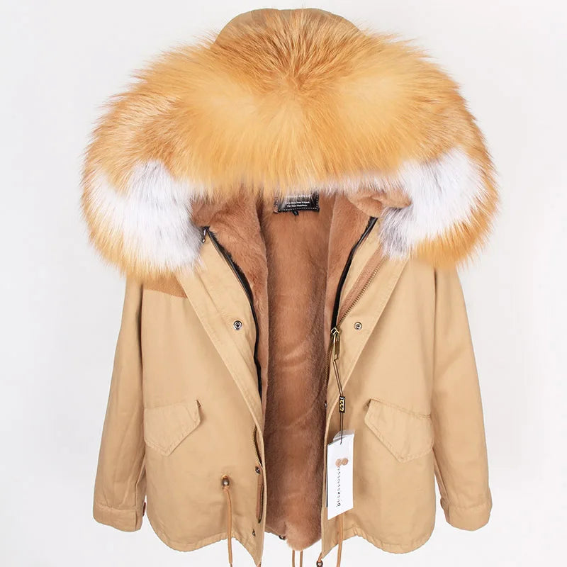 MAOMAOKONG 2025 & 2026 Real Fur Coat New Fashion Fox Fur Collar Winter Women's clothing Removable Lining Thickened Jacket Short Parka