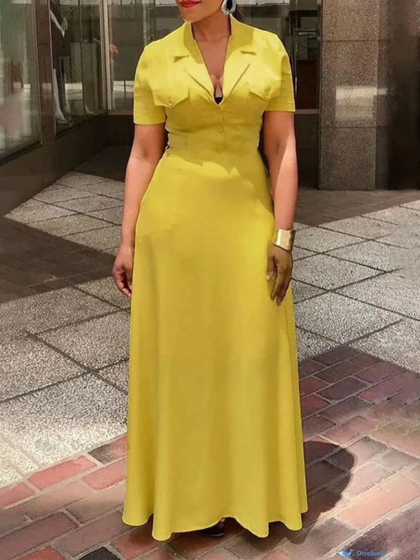 UOOZEE Office Lady Formal Notched Collar Commute Maxi Dresses Short Sleeves Buttoned Pockets Casual A-Line Yellow Dress 2025 New