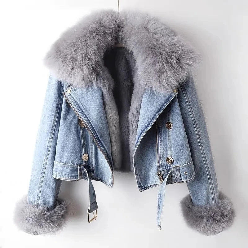 New Women Faux Fox Fur Collar Jean Coat Winter Jacket Female Short Warm Parkas Rabbit Hair Lining Outwear Fashion Overcoat