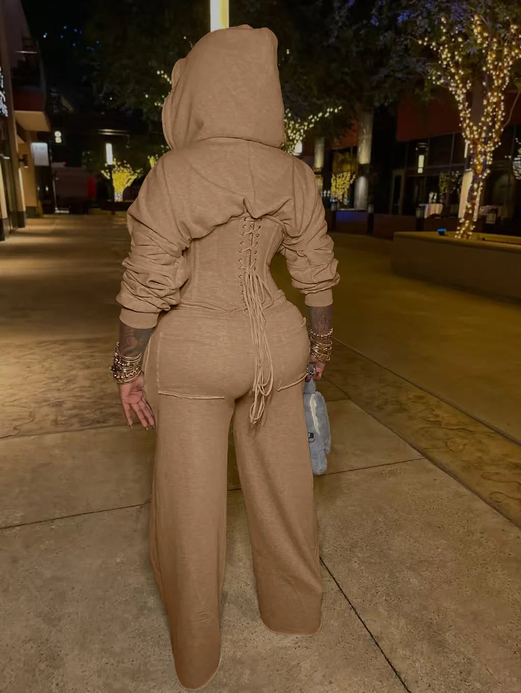 FAGADOER Casual 2 Pieces Set for Woman Outfits Solid Color Bandage Patchwork Hooded Crop Top and Pants Suit Female Streetwear