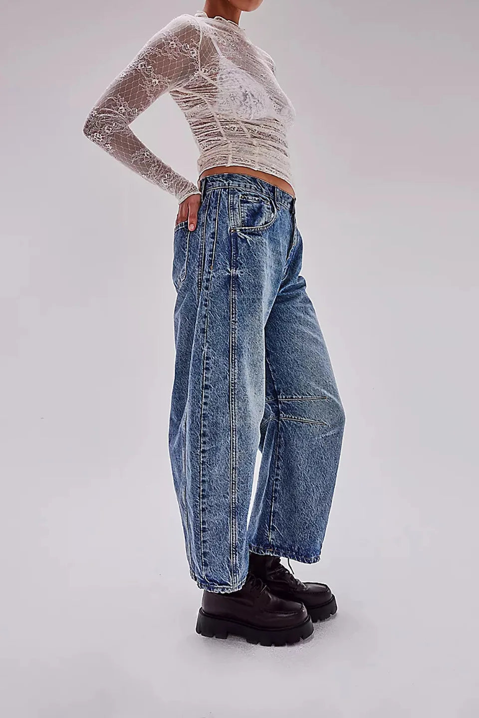 Midiross High Stretch Mid-Rise Barrel Jeans Fashion wide Leg Shape Women Casual Baggy Mid Waist Denim Pants