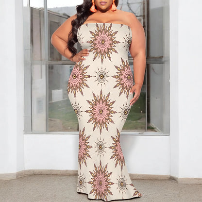 Plus Size Strapless Maxi Dress with Stylish Gold Geometric Design, Modern and Trendy