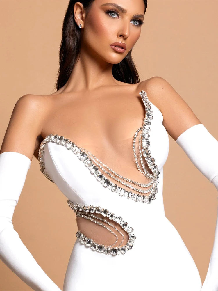 Women Mermaid Sexy White Sleeveless Bandage Long Dress Mesh Backless Strapless Diamonds Bodycon Party Evening Wedding Gowns
