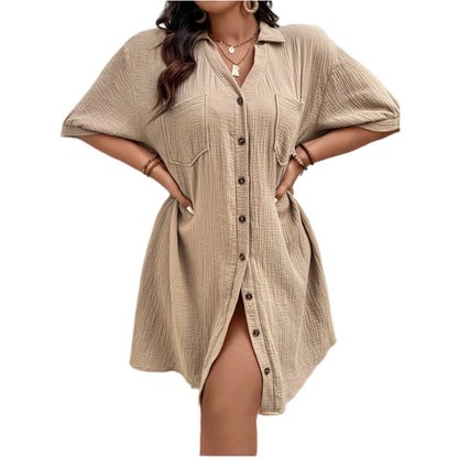 New Women'S Fashion Casual Solid Color Buttoned Mid-Length Short Sleeve Loose Dress Vestidos Para Mujer Ropa De Mujer 신상원피스