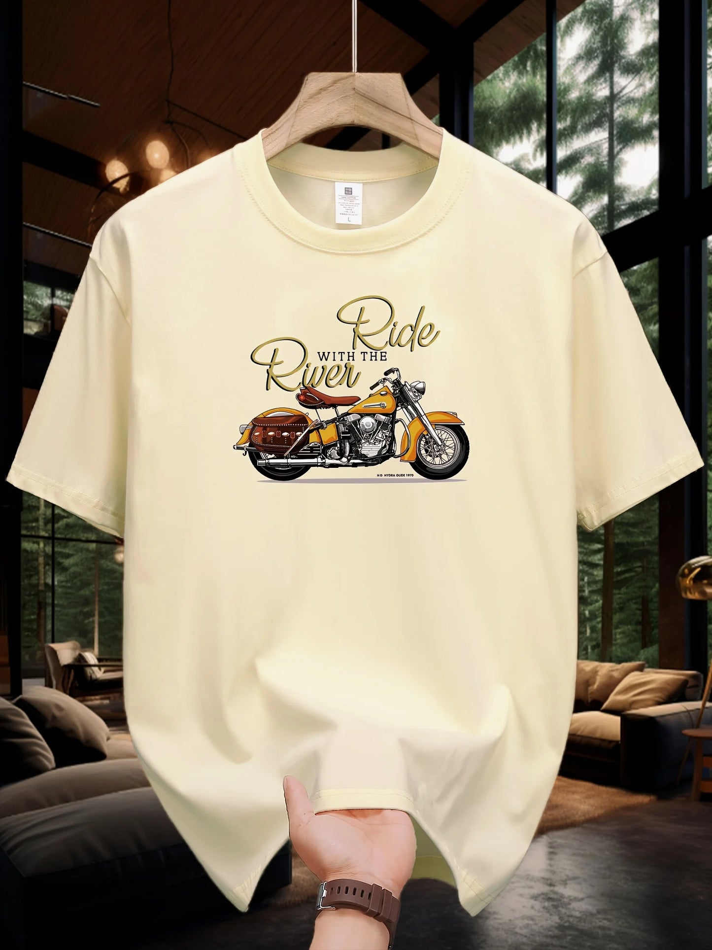 Men's Summer 100 Cotton Fashionable Casual Loose Large Size Classic Motorcycle Pattern Printed Round Neck Short Sleeve T-shirt