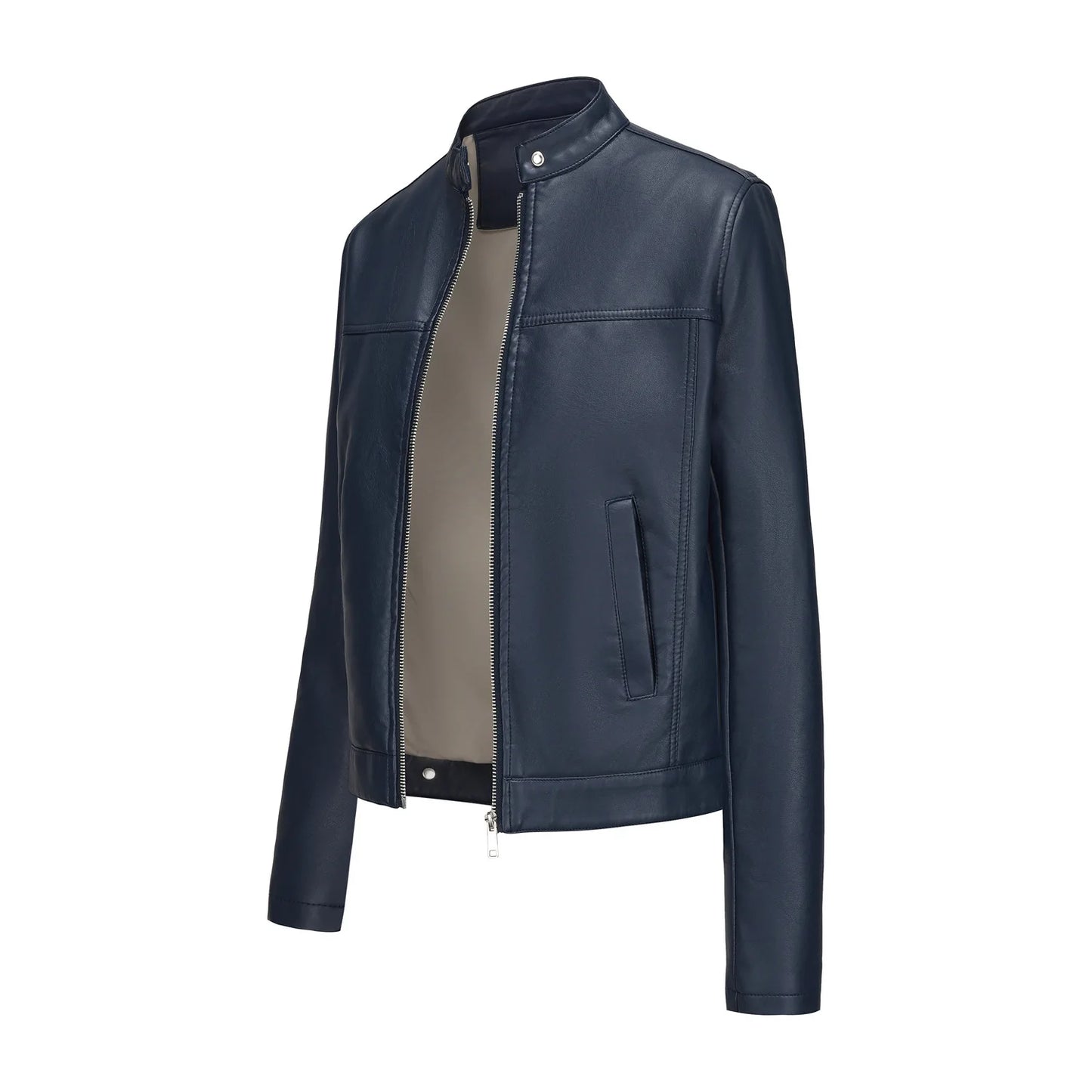 Black Women's Fitted Leather Jacket with Front Zipper & Side Pockets‌, Available in Brown, Navy Blue, and Beige.