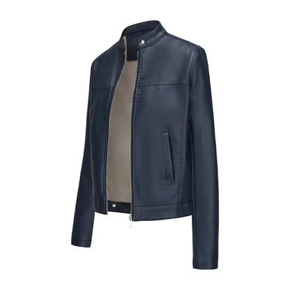 Black Women's Fitted Leather Jacket with Front Zipper & Side Pockets‌, Available in Brown, Navy Blue, and Beige.