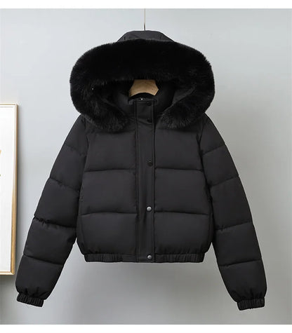 Winter Short Parkas Women's Cotton-padded Clothes Add Velvet Thicken Outerwear Fur Collar Removable Hooded Coats Warm Jackets