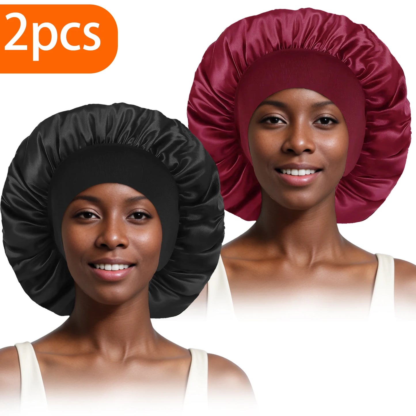 2pcs Women's Fashion Bonnet Large Wide Edge Elastic Hat Casual Silk Smooth Tint Suitable for Curled Straight Hair Sleeping Hat