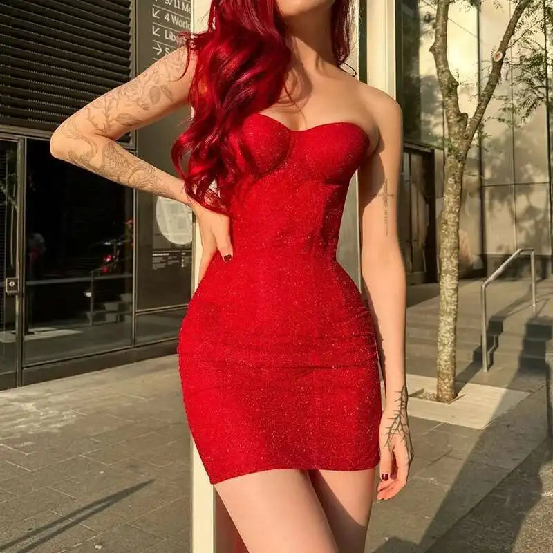 Sexy Club Party Bandage Backless Casual Off Shoulder High Waisted Mini Dresses Fashion Women's Strapless Slim A-Line Dress