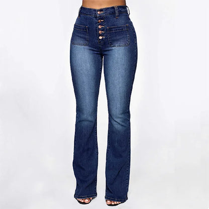 Europe and The United States Slim High Waist Breasted Jeans, Women's Spring and Autumn Fashion Wash Slightly Flared Pants Jeans