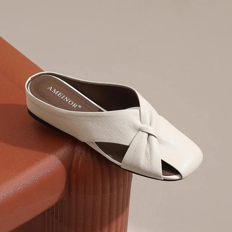 2025 Women Fashionable and Versatile Shoes Brand Slippers Casual and Comfortable Bowknot Casual Leather Slippers