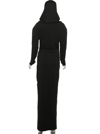 Sisterlinda Casual Hooded Long Dresses Woman Autumn Trend Swing Collar Full Sleeve Skinny High Stretch Solid Elegant Vestidos