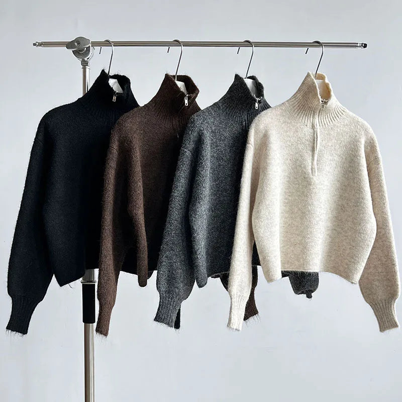 2026 Women Turn Down Collar Sweater Long Sleeve Zipper Design Warm Cardigans Clothes Tops For Women Winter Sweater Pull Femme