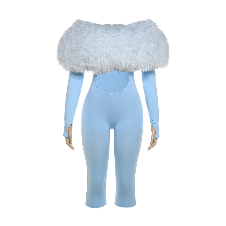 Nibber Furry Patchwork Jumpsuit Woman Slash Neck Sexy Hollow Full Sleeve Backless Slim Peach Hip Hottie Street Fashion Overalls