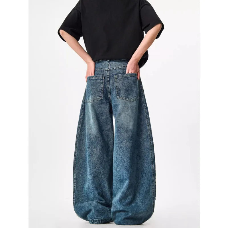 Y2K Custom Women Jeans Vintage Reconstruction Denim Pants Wide Leg With Distressed Wash And Stripe Details