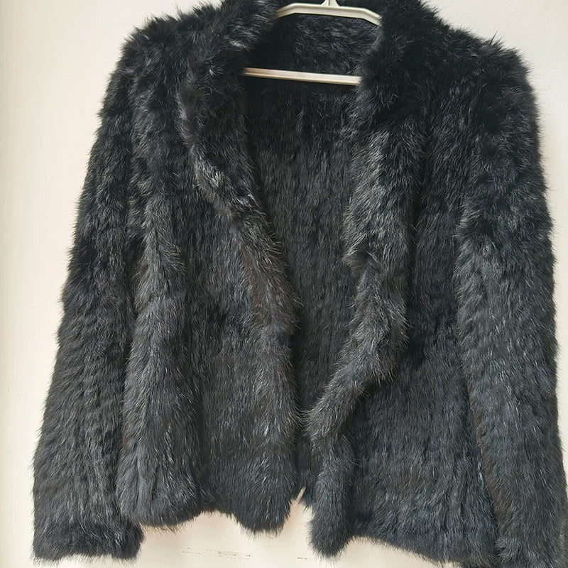 Women Winter Real Rabbit Fur Knitted Coat Female Casual Long Sleeve Genuine Fur Jacket Warm Thick Outwear Femme