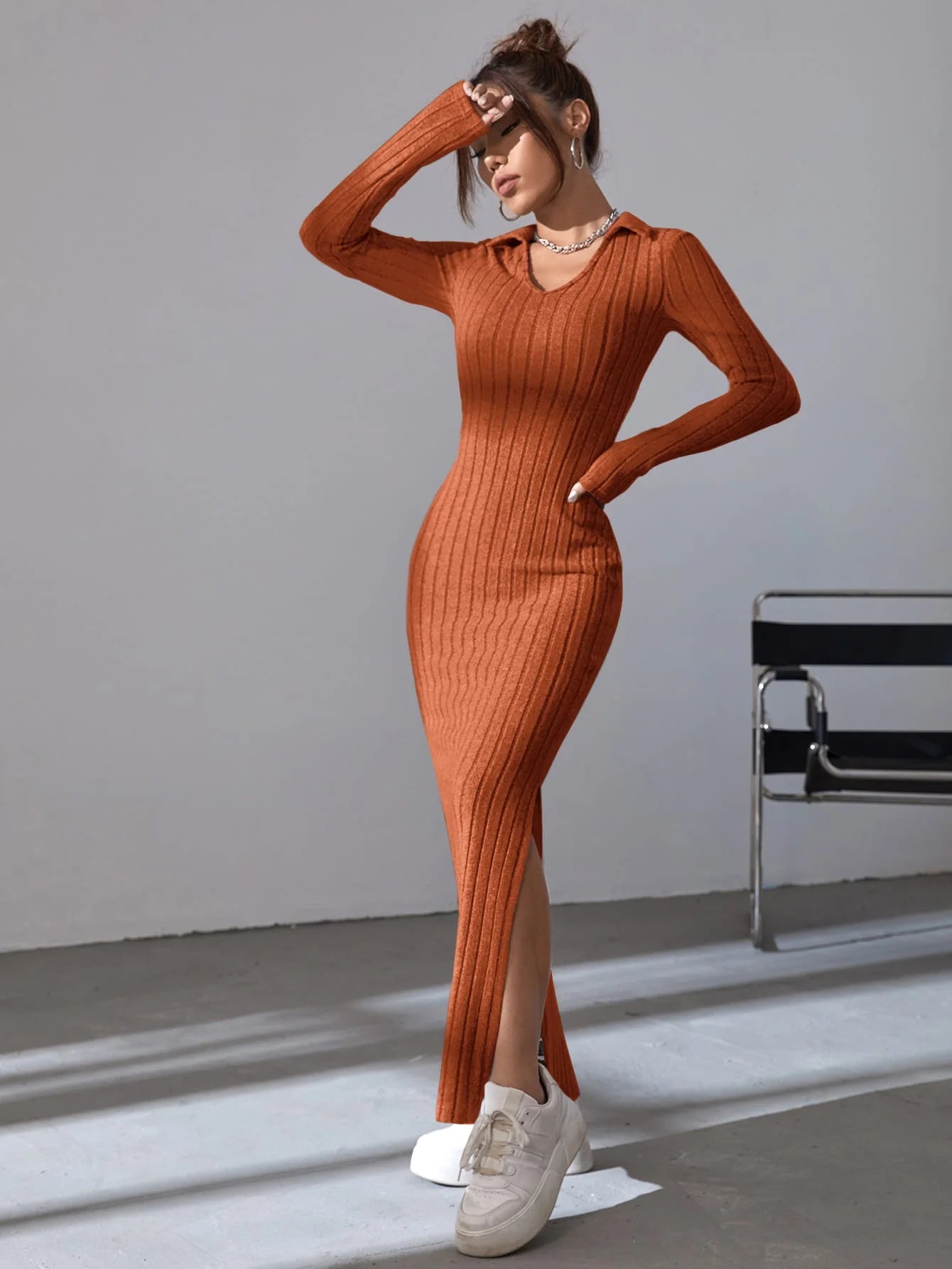 Long knitted fitted lapel pit strip tight long-sleeved dress for autumn/Winter 2025