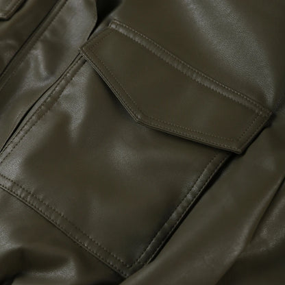 Vintage Zippers Short Leather Jackets Women's Casual Lapel Button Pockets Full Sleeve Coat 2025 Autumn New Lady Chic Streetwear