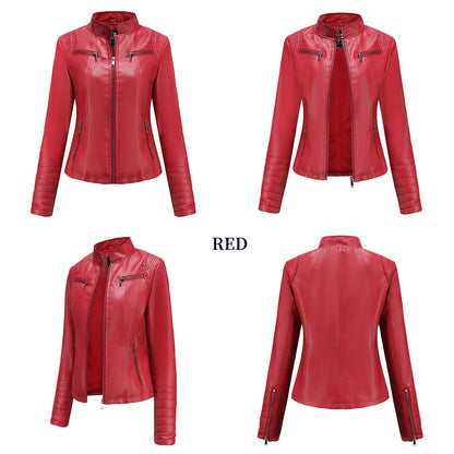Women's Slim Leather Jacket, Stand-up Collar, Zipper Stitching, Monochromatic Coat, Fashion Clothing, New
