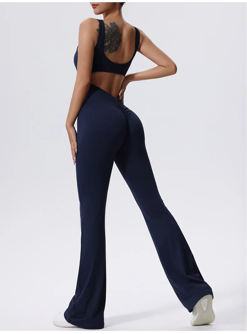 V Back Scrunch Gym Set Women Sport One-Piece Suit Yoga Suit Flared Pants Women Sports Jumpsuit Fitness Rompers Workout Bodysuits