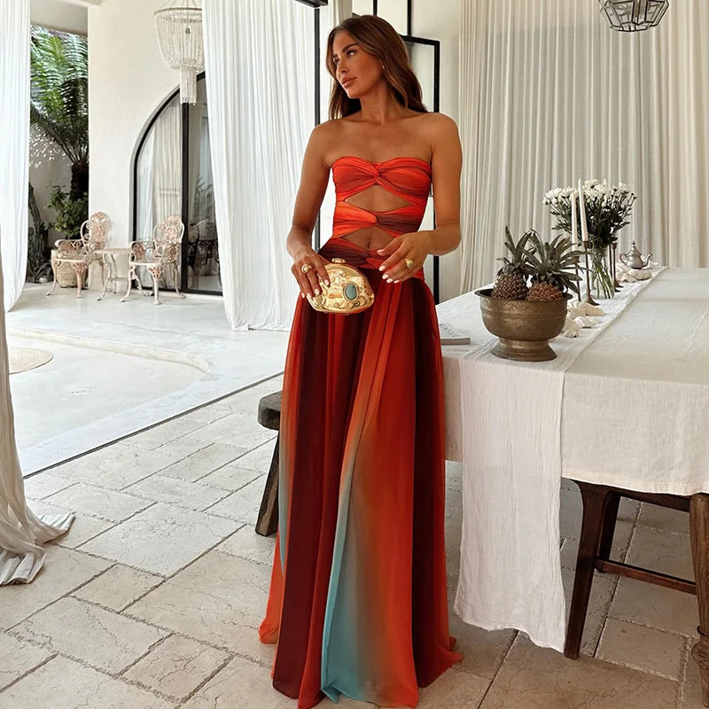 Tie-dye Gradient Hollow Out Women's Maxi Dress Elegant Off Shoulder A-line Hem Long Dresses New Summer 2026 Holiday Female Robes
