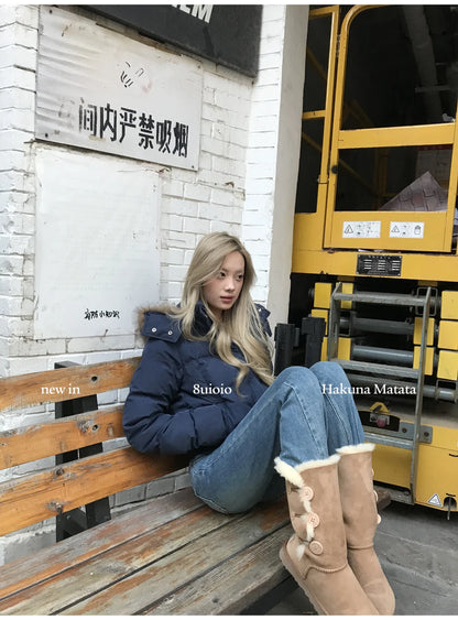 Autumn Winter Fur Hooded Jacket Women Outerwear Thick Dowon Cotton Padded Slim Short Parkas Female Cropped Puffer Bubble Coat