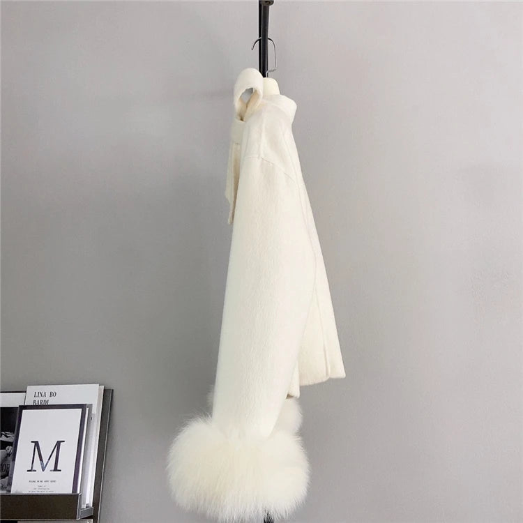 2025 & 2026 New Winter Real Natural Fox Fur Cuff Coat Ladies Outwear Female Coat Cashmere Wool Woolen Women Luxury Jacket