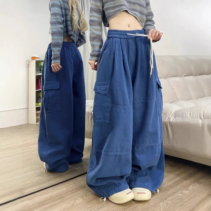 Deep Blue Pure Cotton Work Trousers Loose Wide Leg Floor-Length Women's Style Spring Summer Casual Pants Trendy Fashion