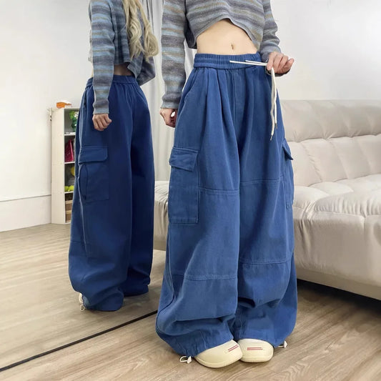 Deep Blue Pure Cotton Work Trousers Loose Wide Leg Floor-Length Women's Style Spring Summer Casual Pants Trendy Fashion