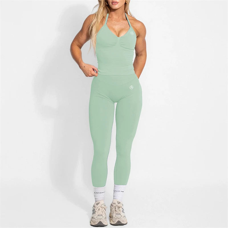 Women's Yoga Set Bum Balance Fitted Halter Tops & Shaping Pants 2pcs Yoga Sportwear Workout Gym Clothing High Waist Leggings Set