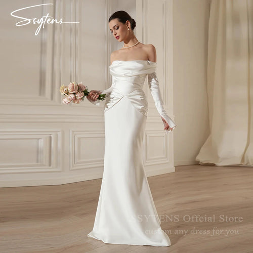 Charming Wedding Dresses Satin Off The Shoulder Weddings Bridal Gowns Long Sleeves Reception Dress Minimalist Civil Bride Gown