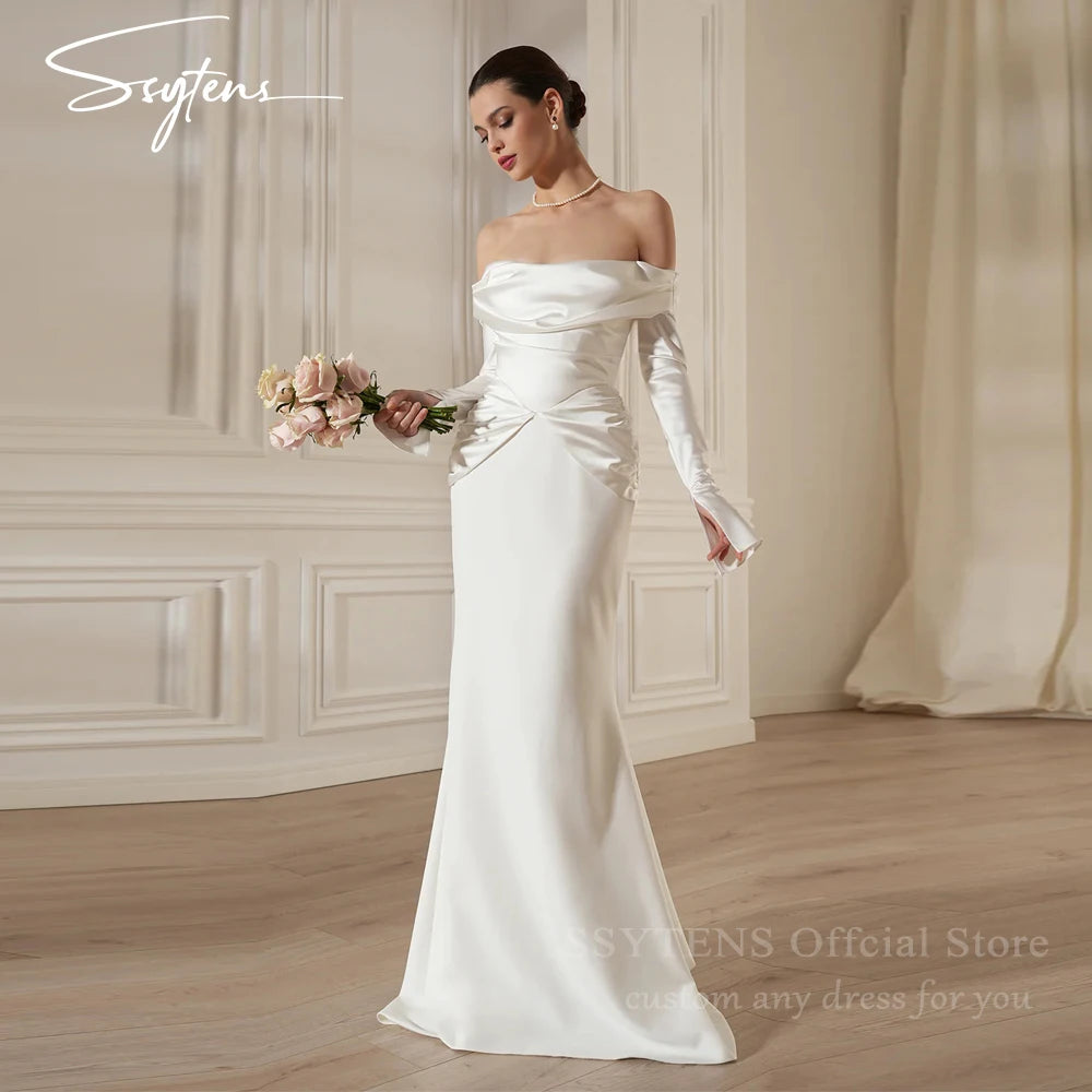 Charming Wedding Dresses Satin Off The Shoulder Weddings Bridal Gowns Long Sleeves Reception Dress Minimalist Civil Bride Gown